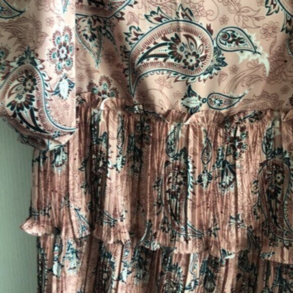 CODE X MODE Dress Paisley Tiered Ruffle Pleated Skirt Pink Green Sz.L - Picture 4 of 12